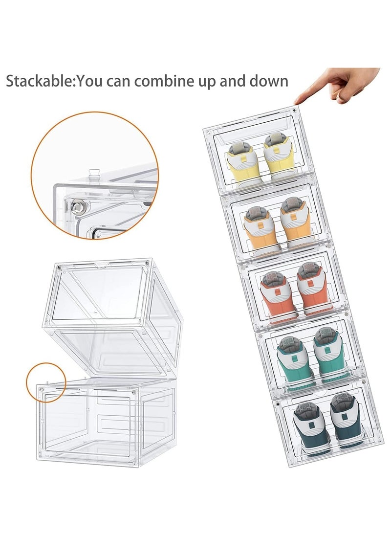 Eworld - Set of 6 Clear Plastic Stackable Shoe Storage Boxes with Magnetic Doors, Lids and Customizable Interlocking Design, Multi-Purpose Durable Organizer Containers for Shoes, Books, Toys, Clothing and Jewelry - Image 1