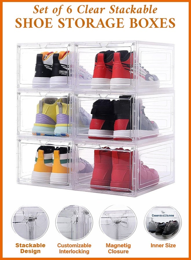 Eworld Set of 6 Clear Plastic Stackable Shoe Storage Boxes with Magnetic Doors, Lids and Customizable Interlocking Design, Multi-Purpose Durable Organizer Containers for Shoes, Books, Toys, Clothing and Jewelry - Image 1