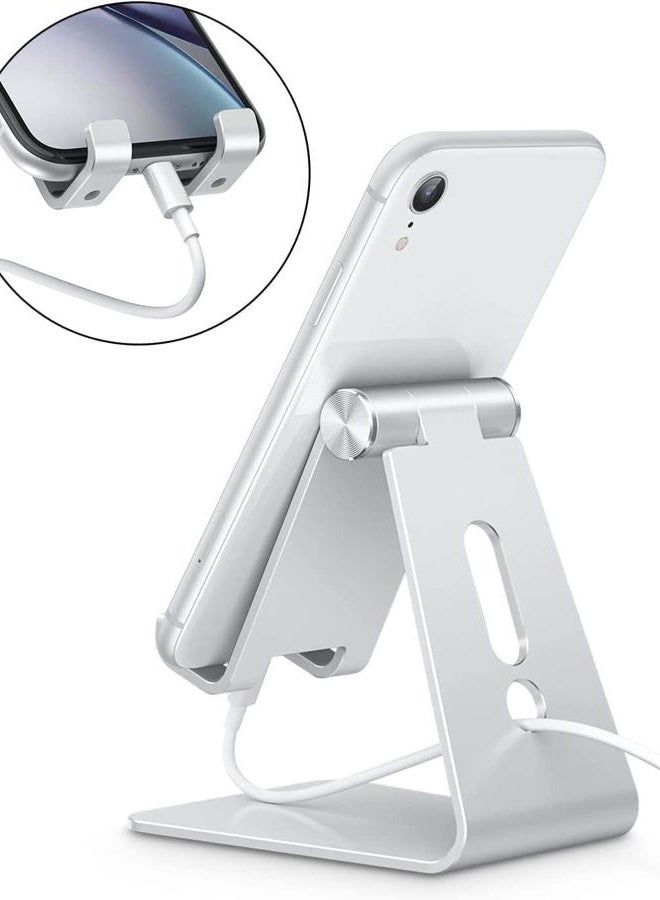 Omoton Adjustable Cell Phone Stand, OMOTON Aluminum Desktop Cellphone Stand with Anti-Slip Base and Convenient Charging Port, Fits All Smart Phones, Silver - Image 5