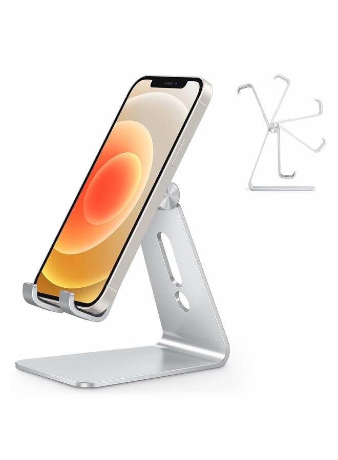 Omoton Adjustable Cell Phone Stand, OMOTON Aluminum Desktop Cellphone Stand with Anti-Slip Base and Convenient Charging Port, Fits All Smart Phones, Silver - Image 1