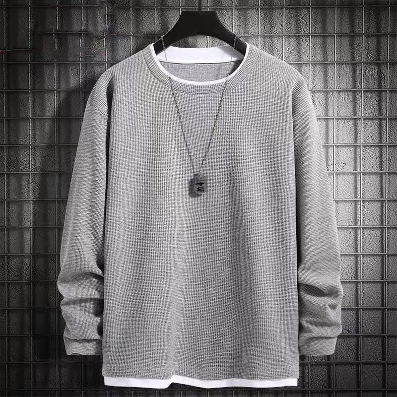 Waffled Sweater Mens Spring and Autumn Trendy Ins Grey Round Neck Autumn Base Shirt Top Trendy Brand Casual fleece-lined Gray (regular style) - Image 1