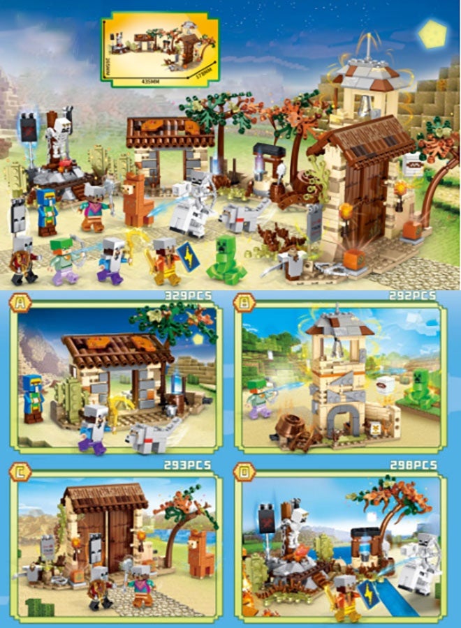 4 in 1 My World Adventure Village Building Kit, Combineable 4 Scenes with Skeleton & Creeper Minifigures