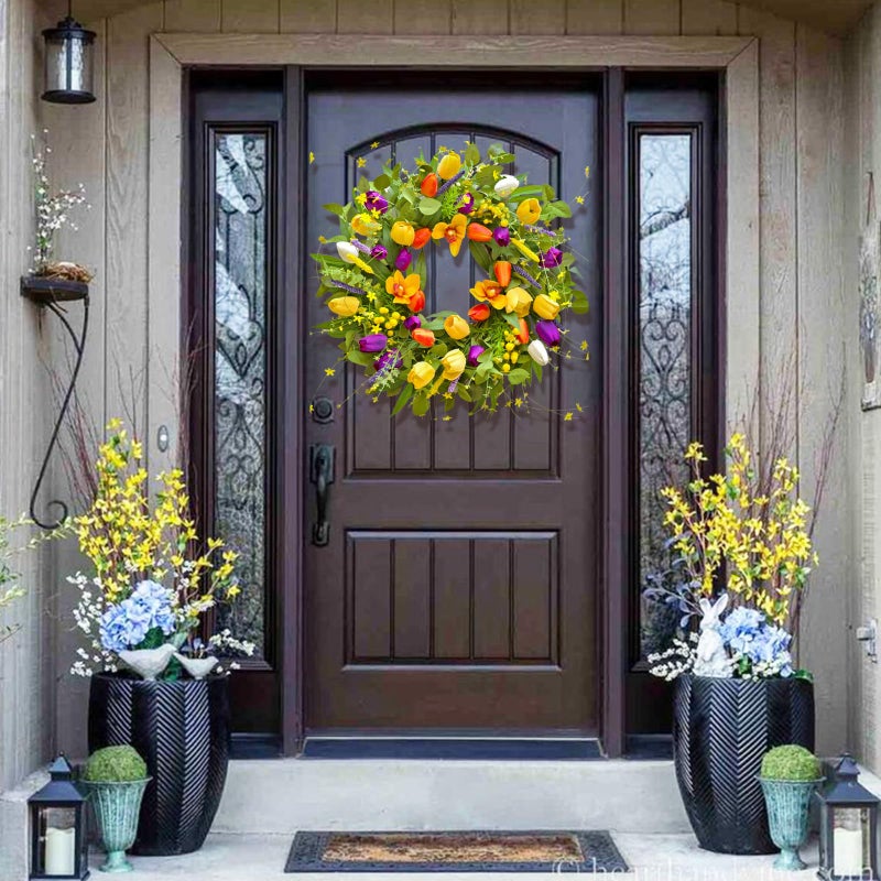 wreathqueen Spring Wreaths for Front Door 24 Inch,Spring Summer Wreath with Colorful Tulip,Eucalyptus and Ferns,Tulip Wreath for Indoor Outdoor Farmhouse Home Porch Wall Decor - Image 2