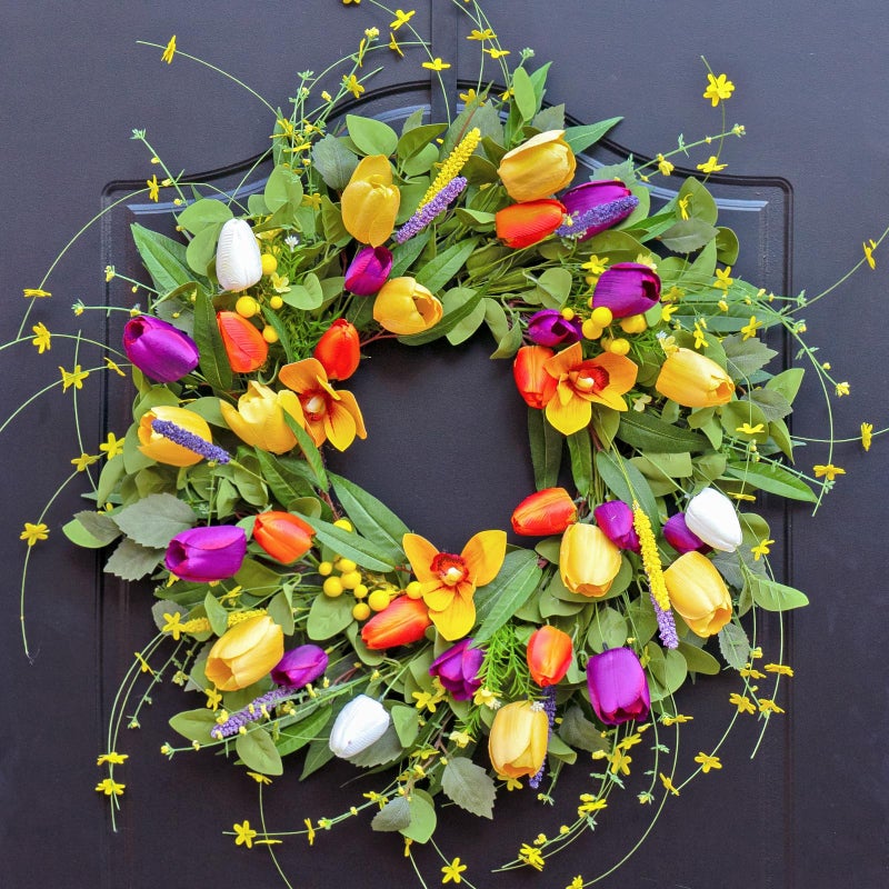 wreathqueen Spring Wreaths for Front Door 24 Inch,Spring Summer Wreath with Colorful Tulip,Eucalyptus and Ferns,Tulip Wreath for Indoor Outdoor Farmhouse Home Porch Wall Decor - Image 1