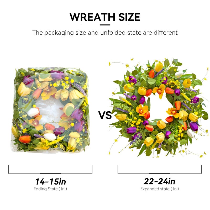wreathqueen Spring Wreaths for Front Door 24 Inch,Spring Summer Wreath with Colorful Tulip,Eucalyptus and Ferns,Tulip Wreath for Indoor Outdoor Farmhouse Home Porch Wall Decor - Image 5