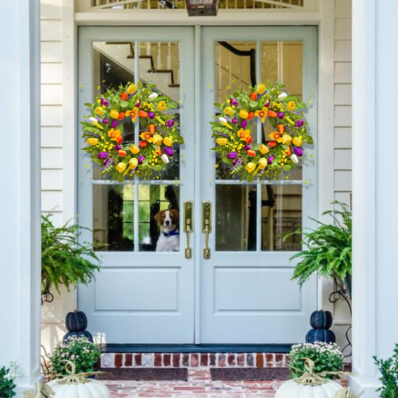 wreathqueen Spring Wreaths for Front Door 24 Inch,Spring Summer Wreath with Colorful Tulip,Eucalyptus and Ferns,Tulip Wreath for Indoor Outdoor Farmhouse Home Porch Wall Decor - Image 3