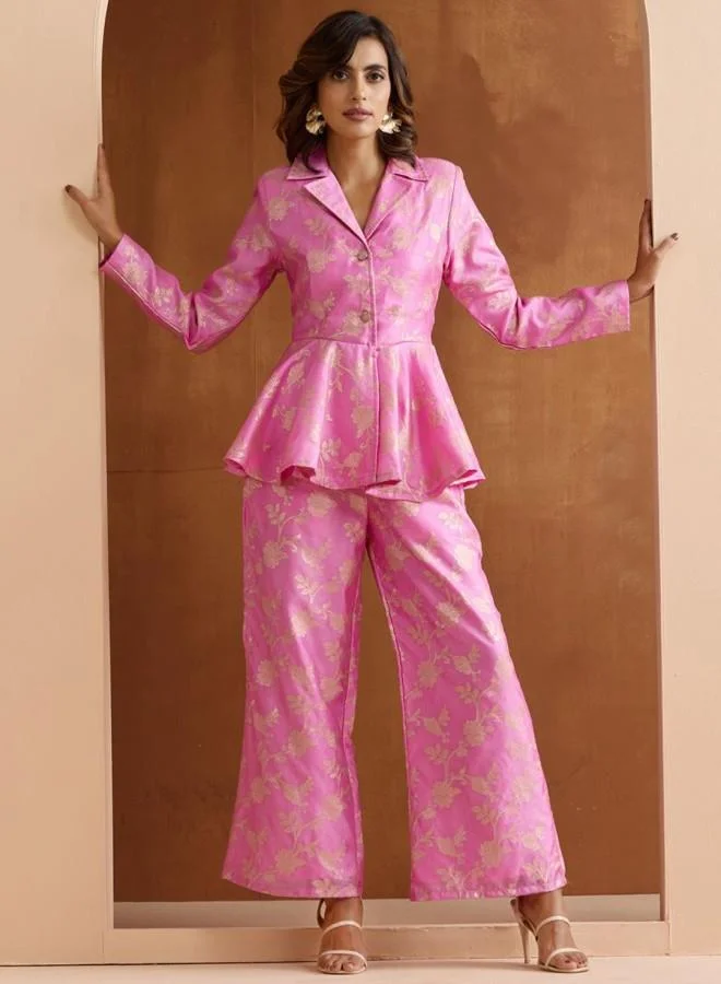Women'S Lilac Polyester Blend Embroidered Tunic Full Length Palazzo Straight Fit Co Ords