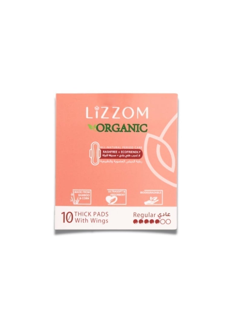 LiZZOM Organic THICK Regular Sanitary Pads with Wings, 10 Count, Bamboo Top Sheet, Biodegradable Back Sheet - Image 1