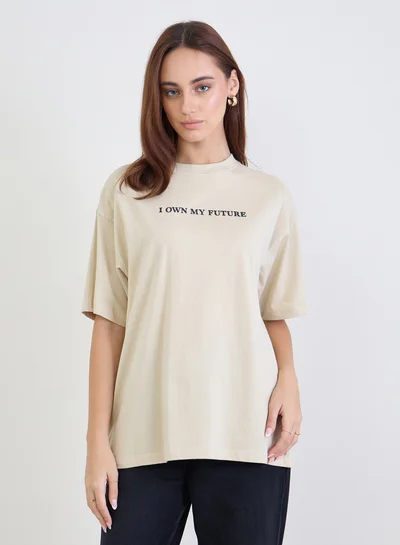 Styli Styli Beige Slogan Print Oversized T-Shirt