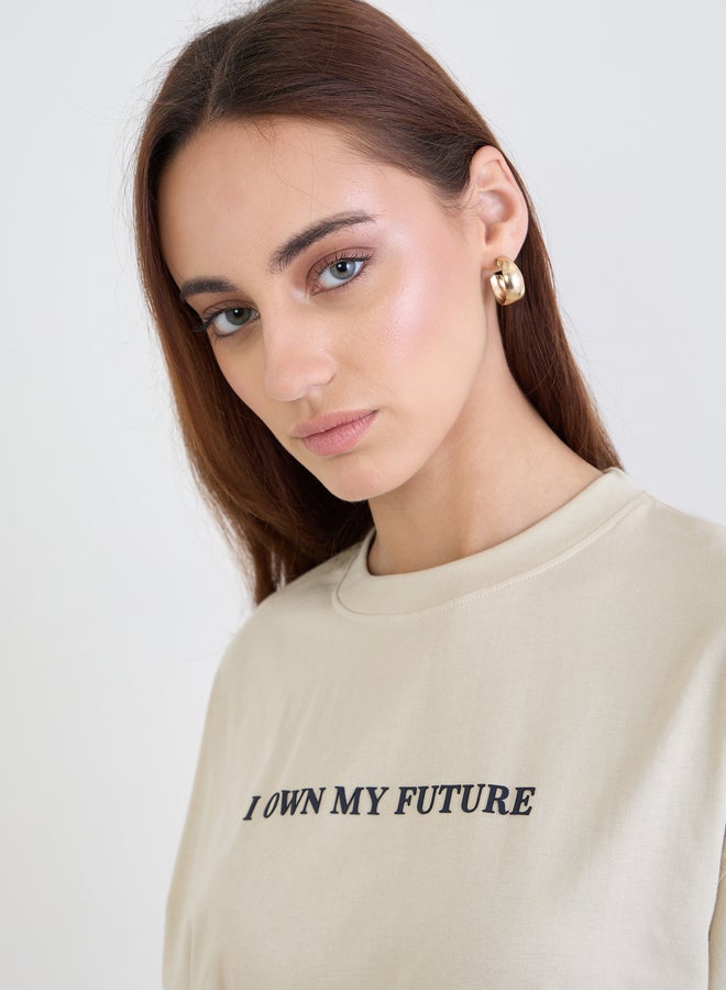 Styli Beige Slogan Print Oversized T-Shirt - Image 3