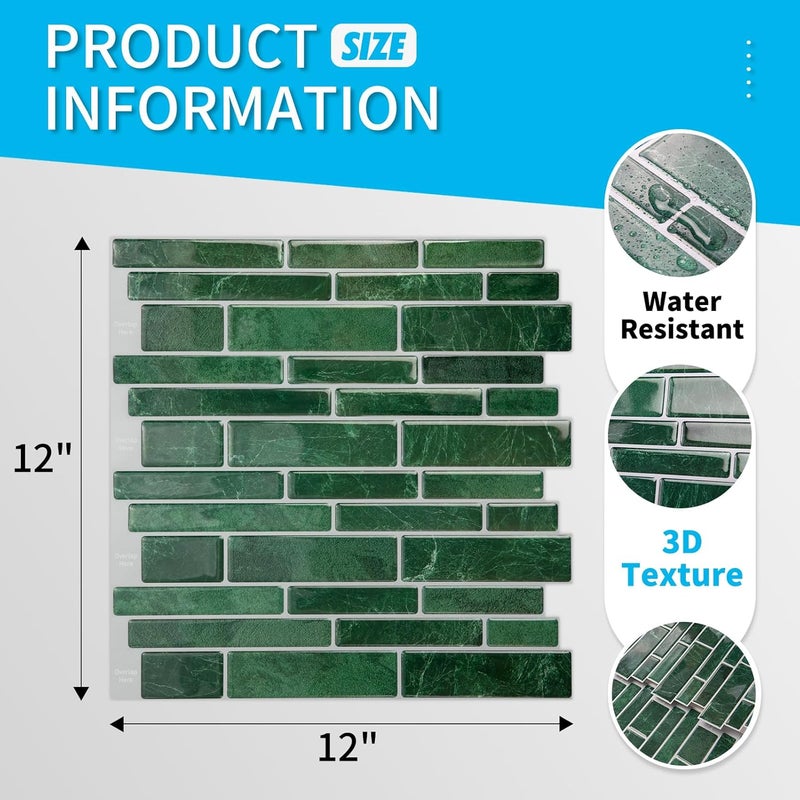 Art3d 10-Sheet Peel and Stick Backsplash Tile, Vinyl Stick On Wall Tile for Kitchen Bathroom Laundry Room, Marble Design 12" x 12" - Green - Image 4