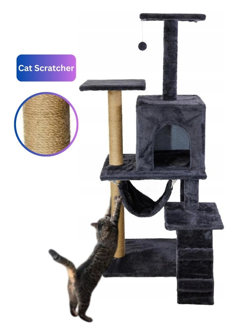 Queens Multi-Level Cat Tree Tower for Large Cats House With Hanging Kitten Toy with Hammock, Cave & Plush Platforms - Spacious Indoor Cat Tower with Anti-Tip Design, Grey - Image 3