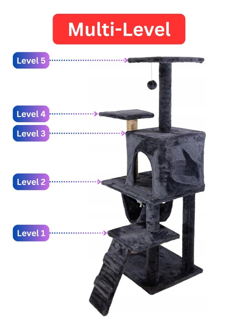 Queens Multi-Level Cat Tree Tower for Large Cats House With Hanging Kitten Toy with Hammock, Cave & Plush Platforms - Spacious Indoor Cat Tower with Anti-Tip Design, Grey - Image 2