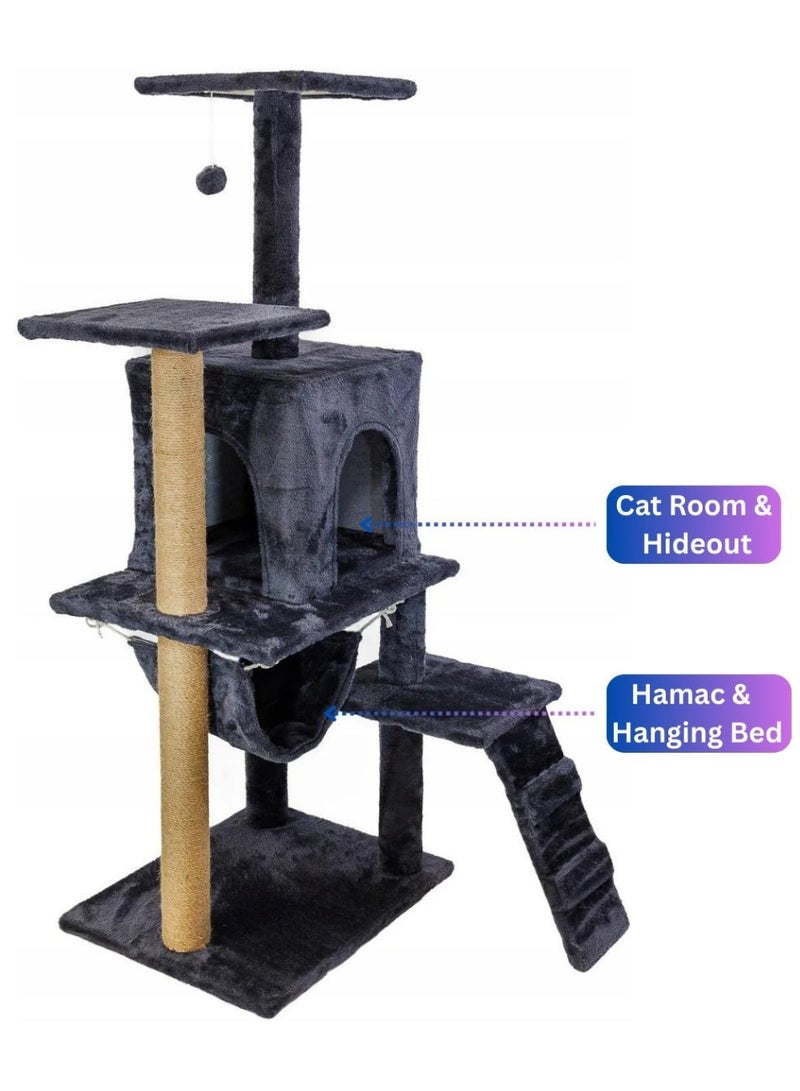 Queens Multi-Level Cat Tree Tower for Large Cats House With Hanging Kitten Toy with Hammock, Cave & Plush Platforms - Spacious Indoor Cat Tower with Anti-Tip Design, Grey - Image 4
