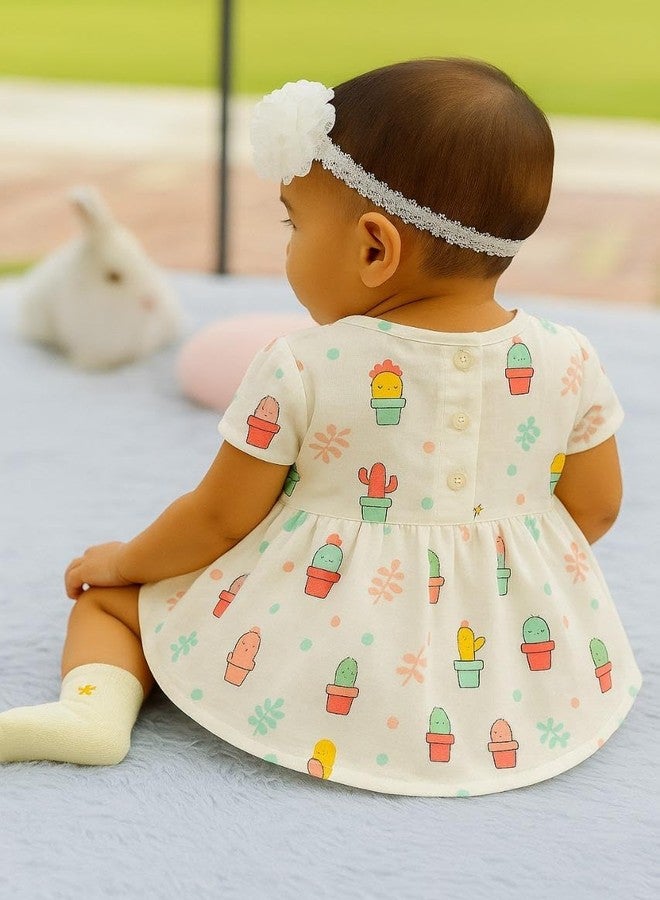 Nestlooms 100% Muslin Cotton Frock for Infant Baby Girl with Back Button Closure, Skin Friendly, Knee-Length Kids Frock Baby Girl Cotton Dress with Cute Print (0-3 Months, Cactus Cutie) - Image 5