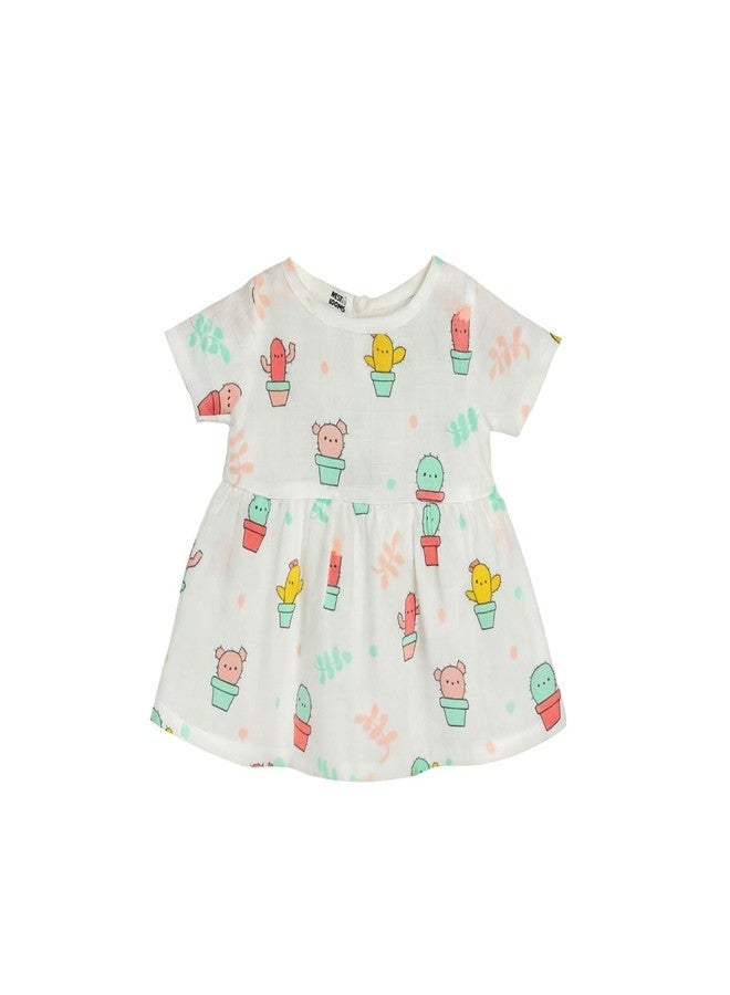 Nestlooms 100% Muslin Cotton Frock for Infant Baby Girl with Back Button Closure, Skin Friendly, Knee-Length Kids Frock Baby Girl Cotton Dress with Cute Print (0-3 Months, Cactus Cutie) - Image 1