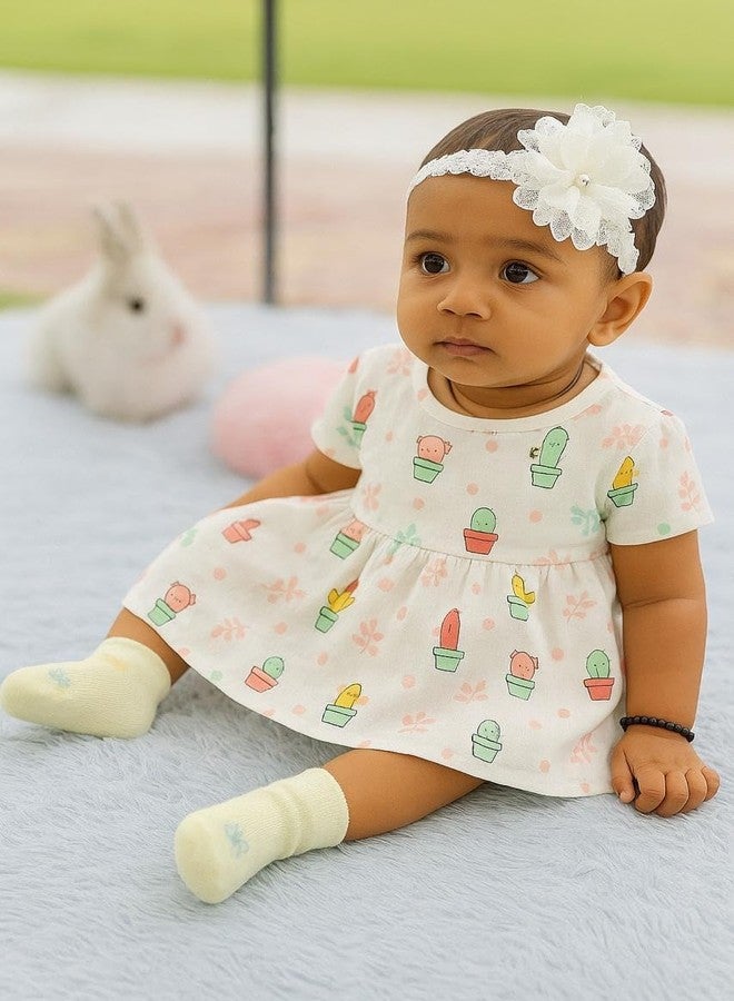 Nestlooms 100% Muslin Cotton Frock for Infant Baby Girl with Back Button Closure, Skin Friendly, Knee-Length Kids Frock Baby Girl Cotton Dress with Cute Print (0-3 Months, Cactus Cutie) - Image 2