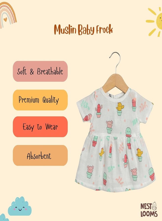 Nestlooms 100% Muslin Cotton Frock for Infant Baby Girl with Back Button Closure, Skin Friendly, Knee-Length Kids Frock Baby Girl Cotton Dress with Cute Print (0-3 Months, Cactus Cutie) - Image 4