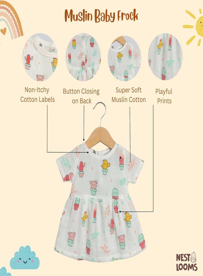 Nestlooms 100% Muslin Cotton Frock for Infant Baby Girl with Back Button Closure, Skin Friendly, Knee-Length Kids Frock Baby Girl Cotton Dress with Cute Print (0-3 Months, Cactus Cutie) - Image 3