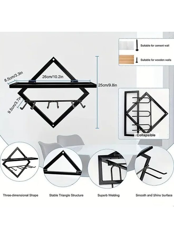 Black Geometric Metal Wine Rack Wall Mounted Holds 6 Bottles and 6 Glasses - Image 3