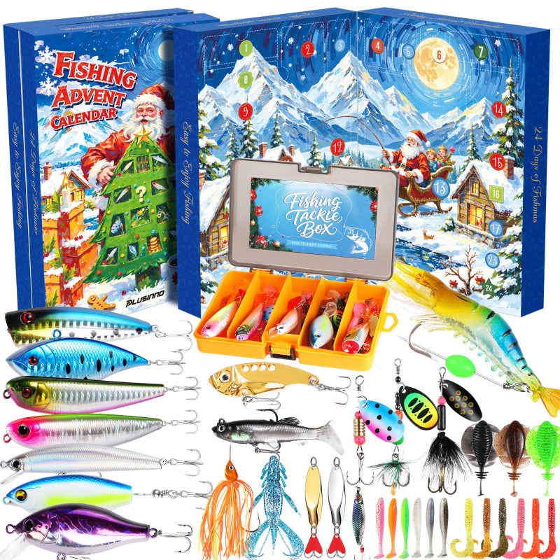 PLUSINNO Fishing Advent Calendar 2025 with Tackle Box and Premium Lures 24 Days Christmas Countdown Advent Calendar Fishing Gifts for Men Teens Boys
