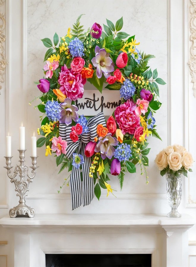 Pinkpuii Spring Wreaths for Front Door Outside– 24 Inch Spring Door Wreath with Pink Peonies, Roses,Blue Hydrangeas&Yellow Tulips,Colorful Welcome Summer Wreaths for Front Door Porch & Entryway Decor - Image 5