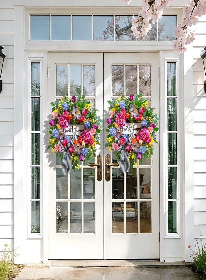Pinkpuii Spring Wreaths for Front Door Outside– 24 Inch Spring Door Wreath with Pink Peonies, Roses,Blue Hydrangeas&Yellow Tulips,Colorful Welcome Summer Wreaths for Front Door Porch & Entryway Decor - Image 4