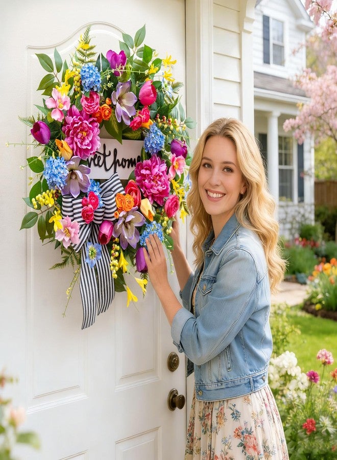 Pinkpuii Spring Wreaths for Front Door Outside– 24 Inch Spring Door Wreath with Pink Peonies, Roses,Blue Hydrangeas&Yellow Tulips,Colorful Welcome Summer Wreaths for Front Door Porch & Entryway Decor - Image 2