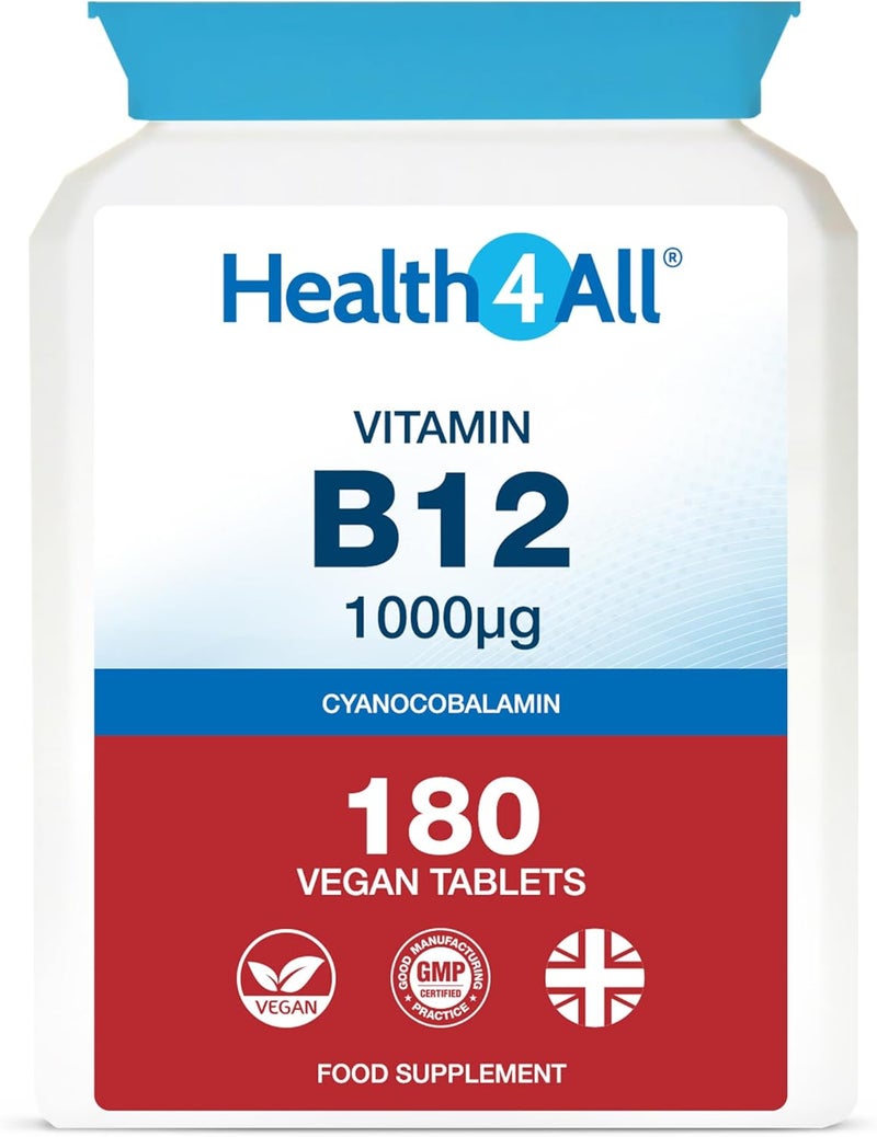 Health4All Vitamin B12 Cyanocobalamin 1000mcg 180 Tablets 6 Months Supply High Strength Vitamin B12 Supplement Contributes to The Reduction of Tiredness and Fatigue Vegan GlutenFree Made in UK - Image 1