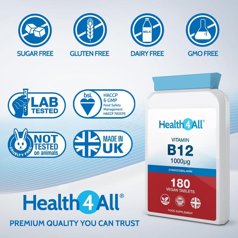 Health4All Vitamin B12 Cyanocobalamin 1000mcg 180 Tablets 6 Months Supply High Strength Vitamin B12 Supplement Contributes to The Reduction of Tiredness and Fatigue Vegan GlutenFree Made in UK - Image 4