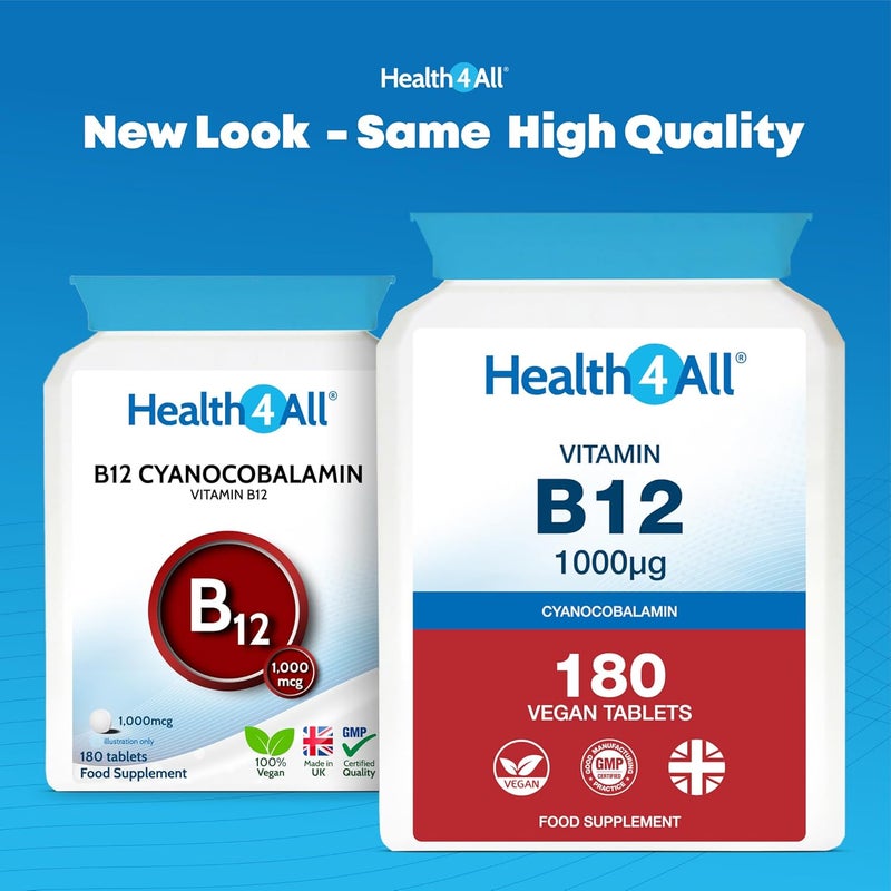 Health4All Vitamin B12 Cyanocobalamin 1000mcg 180 Tablets 6 Months Supply High Strength Vitamin B12 Supplement Contributes to The Reduction of Tiredness and Fatigue Vegan GlutenFree Made in UK - Image 2