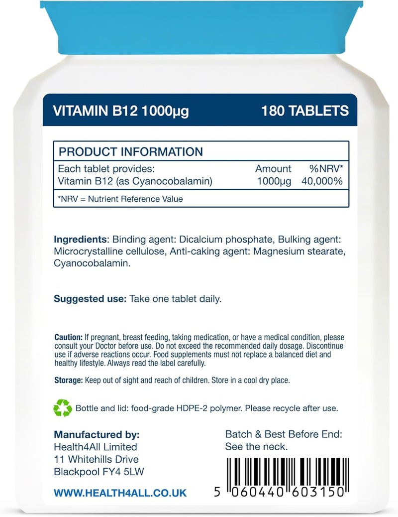 Health4All Vitamin B12 Cyanocobalamin 1000mcg 180 Tablets 6 Months Supply High Strength Vitamin B12 Supplement Contributes to The Reduction of Tiredness and Fatigue Vegan GlutenFree Made in UK - Image 5