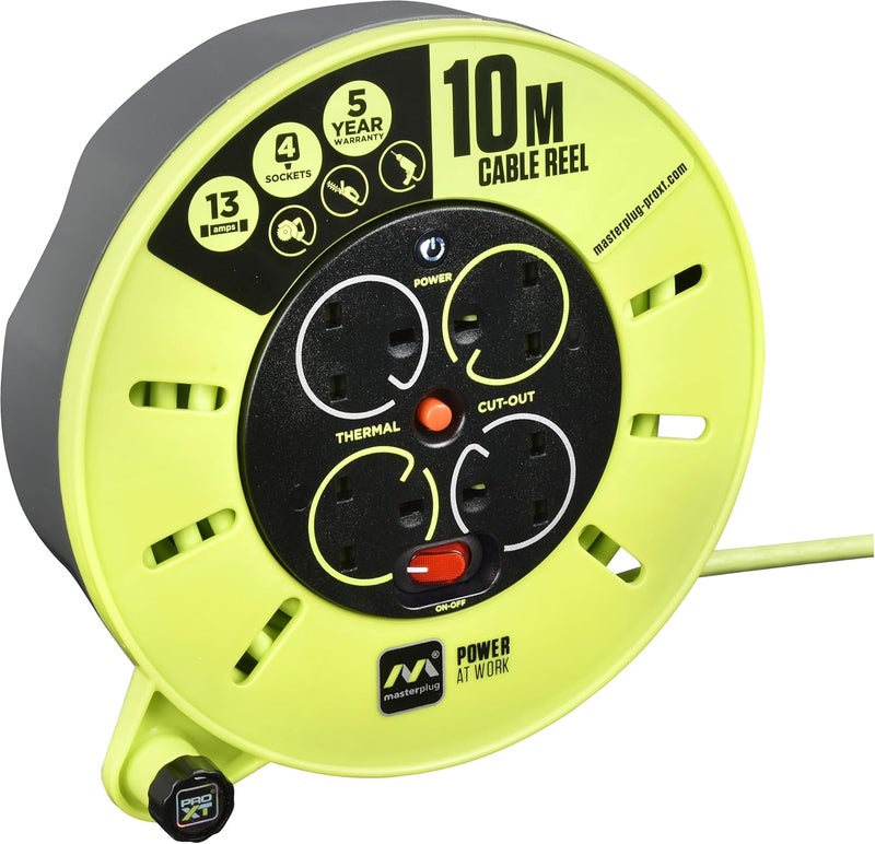 MASTERPLUG Pro-XT Four Socket Medium Cassette Cable Reel with Winding Handle, Thermal Cut Out and Power Switch, 10 Metres, High Visibility Cable, Green - Image 1