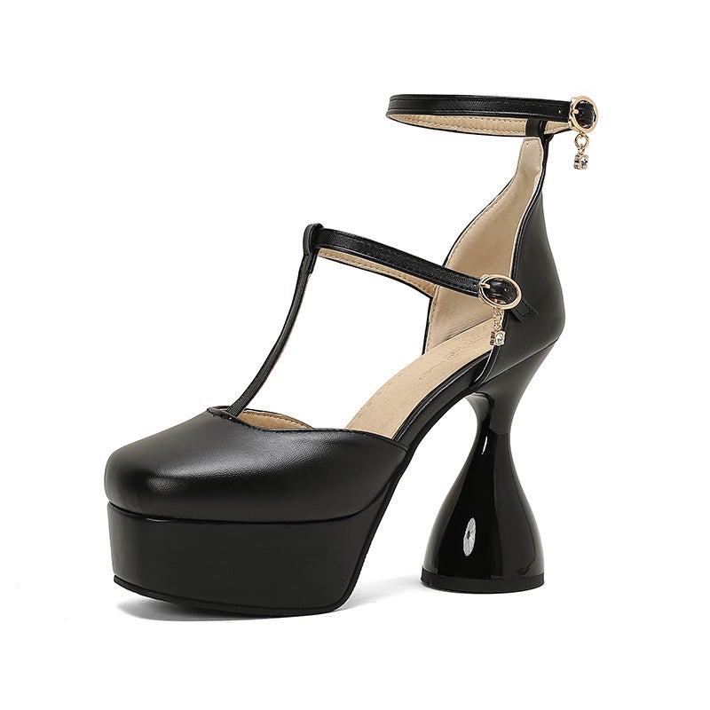 New Fashion Wine Cup With High Heeled Thick Bottom 40-50 Plus Size Buckle Square Head Hollow Sandals For Women - Image 1