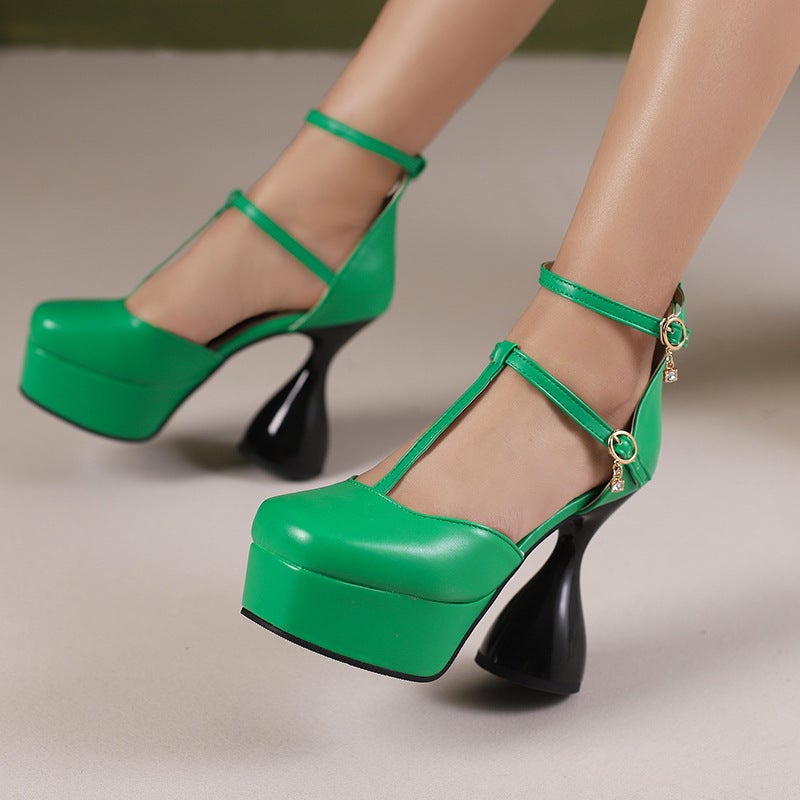 New Fashion Wine Cup With High Heeled Thick Bottom 40-50 Plus Size Buckle Square Head Hollow Sandals For Women - Image 4