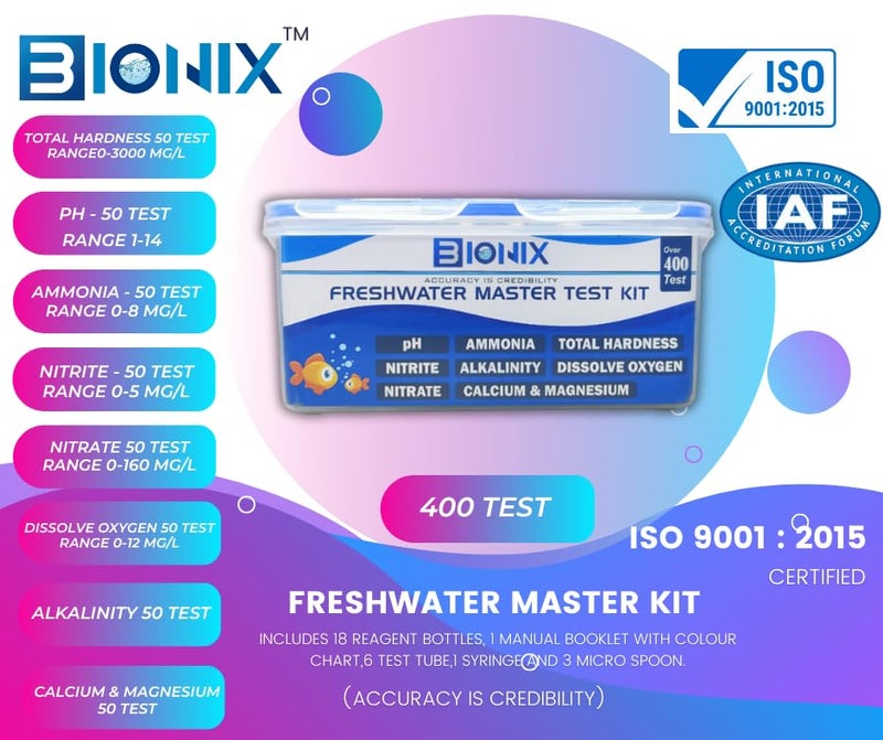 Bionix Fresh Water Testing kit for pH,Total Hardness,Ammonia,Alkalinity,Dissolve Oxygen,Calcium,Magnesium,Nitrite & Nitrate (400 Test) | Master Test Kit for Aquarium and Fish Farming. - Image 3