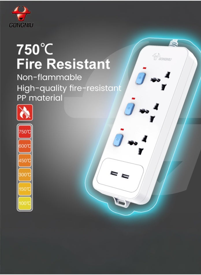 غونغنيو سلك تمديد كهربائي بثلاثة منافذ بطول 3 أمتار، ومنفذي USB، وشريط طاقة متعدد المقابس عالمي مزود بمفاتيح فردية وفتحات تعليق للمنزل والمكتب - Image 5