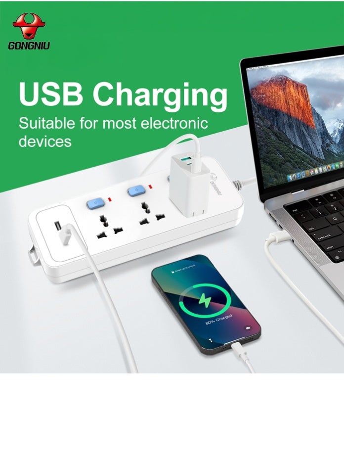 غونغنيو سلك تمديد كهربائي بثلاثة منافذ بطول 3 أمتار، ومنفذي USB، وشريط طاقة متعدد المقابس عالمي مزود بمفاتيح فردية وفتحات تعليق للمنزل والمكتب - Image 3