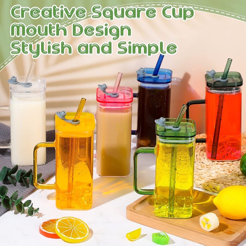 KELVEE Square Glass Cups with Lids and Straws Iced Coffee Mugs with Colored Handle 400ml Drinking Glasses Wide Mouth Glass Tumbler for Home Office Summer Party Pack of 2 - Image 5