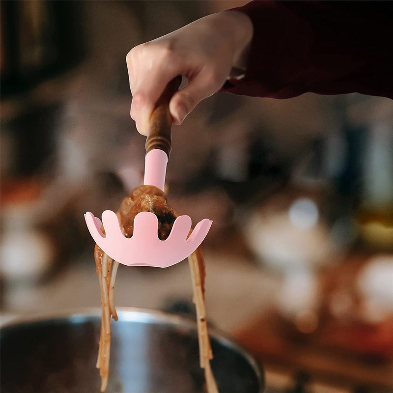 FS COOL FS COOL Hygienic Wooden Handle Silicone Pasta Fork Spatula Best Heat Resistant up to 446FOnePiece DesignSpaghetti Strainer and Server Spoon Pack of 1 Pink  - Image 5