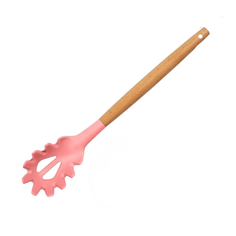 FS COOL FS COOL Hygienic Wooden Handle Silicone Pasta Fork Spatula Best Heat Resistant up to 446FOnePiece DesignSpaghetti Strainer and Server Spoon Pack of 1 Pink  - Image 1