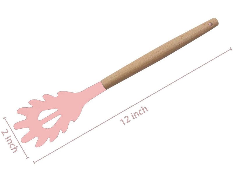 FS COOL FS COOL Hygienic Wooden Handle Silicone Pasta Fork Spatula Best Heat Resistant up to 446FOnePiece DesignSpaghetti Strainer and Server Spoon Pack of 1 Pink  - Image 2