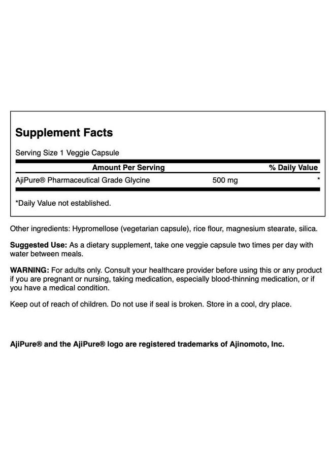 Swanson Amino Acid Ajipure Glycine Pharmaceutical Grade 500 Milligrams 60 Veg Capsules - Image 2