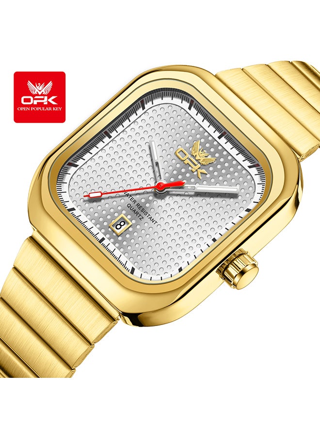 او بي كي ساعة OPK أنيقة مربعة الشكل للرجال، بسوار فولاذي، مضيئة ومقاومة للماء، كوارتز بتقويم واحد، فولاذ 6041، هيكل ذهبي، مينا أبيض. - Image 1