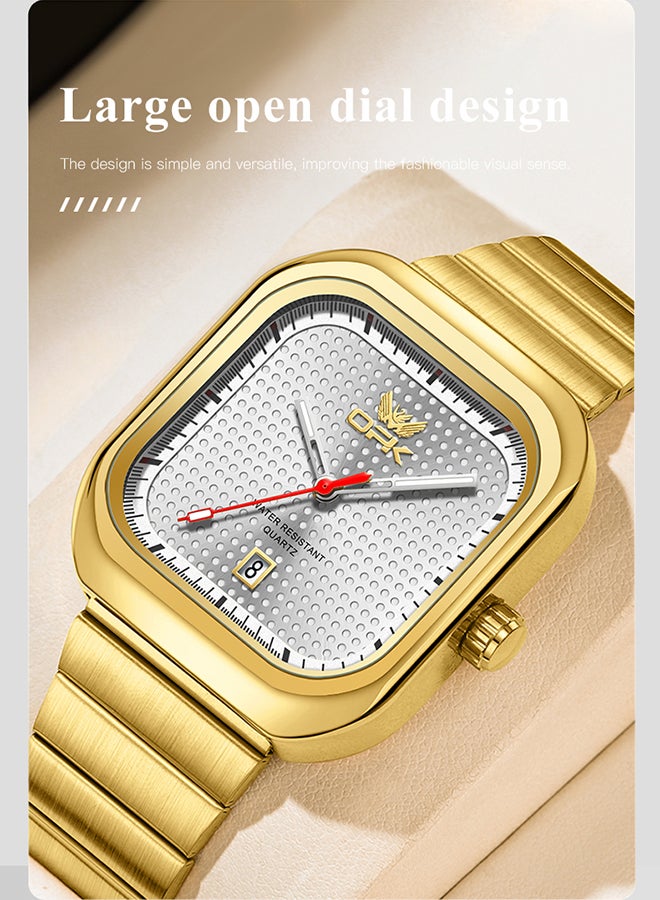 او بي كي ساعة OPK أنيقة مربعة الشكل للرجال، بسوار فولاذي، مضيئة ومقاومة للماء، كوارتز بتقويم واحد، فولاذ 6041، هيكل ذهبي، مينا أبيض. - Image 2