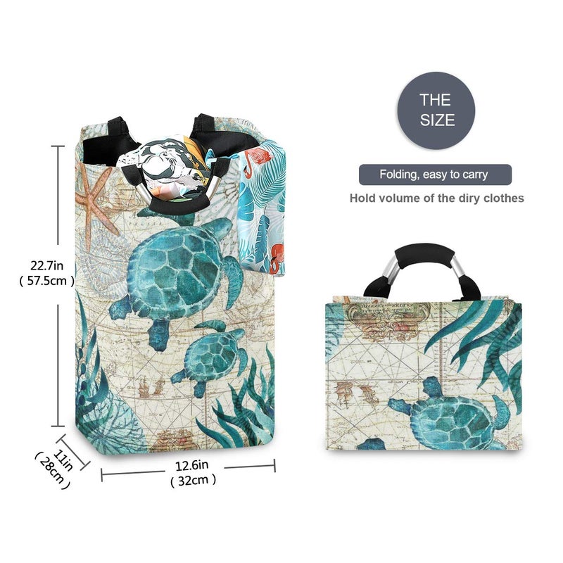 senya Vintage Ocean Sea Turtle Starfish Map Large Storage Basket with Handles Collapsible Organizer Bin Laundry Hamper for Nursery Clothes Toys - Image 3
