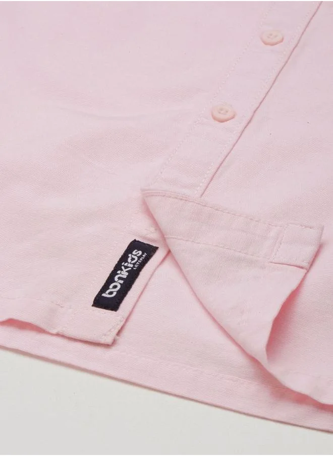 بونكيدز Boy's shirts in regular fit pink colour cotton fabric embellished pattern pull over closure woven weave type round collar type round neckline half sleeve length button down upper body wear type suitable for casual occasions – because standout style starts young!