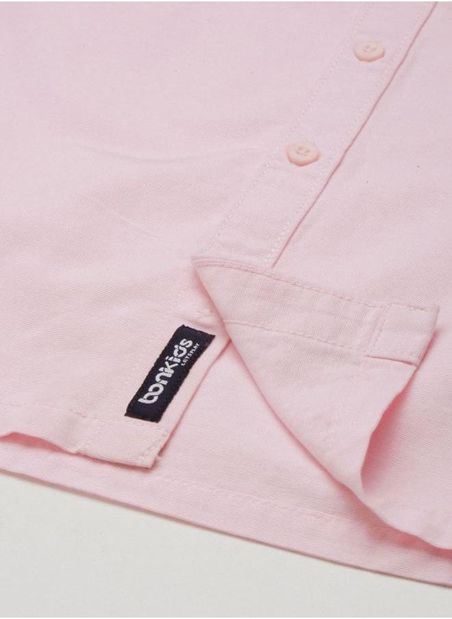 Bonkids - Boy's shirts in regular fit pink colour cotton fabric embellished pattern pull over closure woven weave type round collar type round neckline half sleeve length button down upper body wear type suitable for casual occasions – because standout style starts young! - Image 1