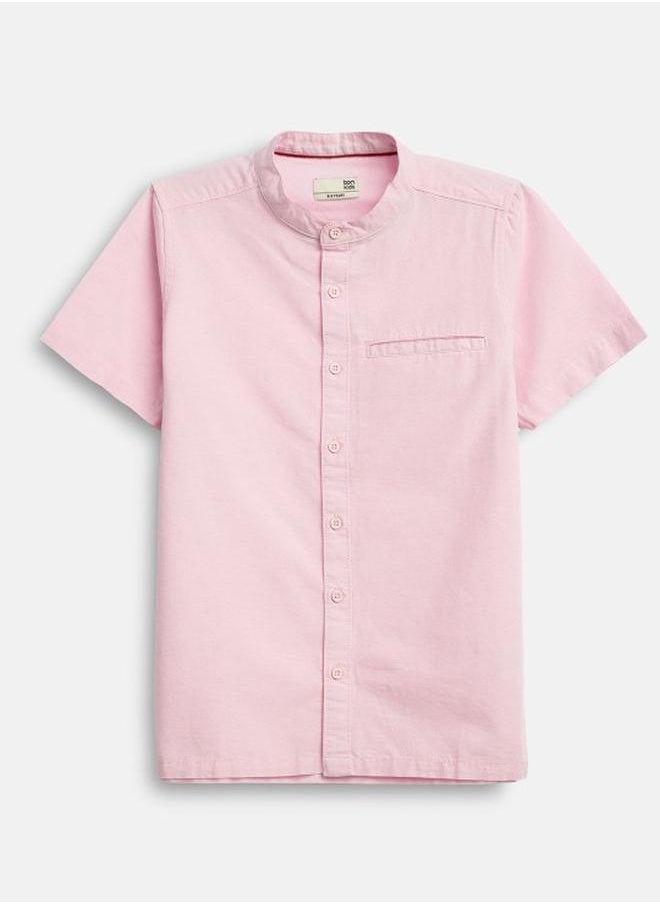 Bonkids - Boy's shirts in regular fit pink colour cotton fabric embellished pattern pull over closure woven weave type round collar type round neckline half sleeve length button down upper body wear type suitable for casual occasions – because standout style starts young! - Image 1