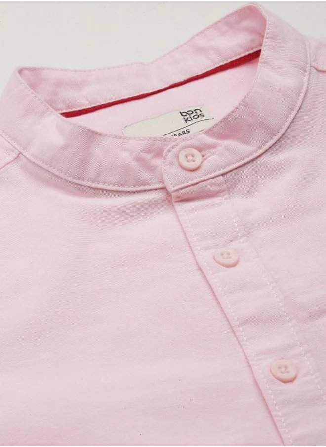بونكيدز Boy's shirts in regular fit pink colour cotton fabric embellished pattern pull over closure woven weave type round collar type round neckline half sleeve length button down upper body wear type suitable for casual occasions – because standout style starts young!